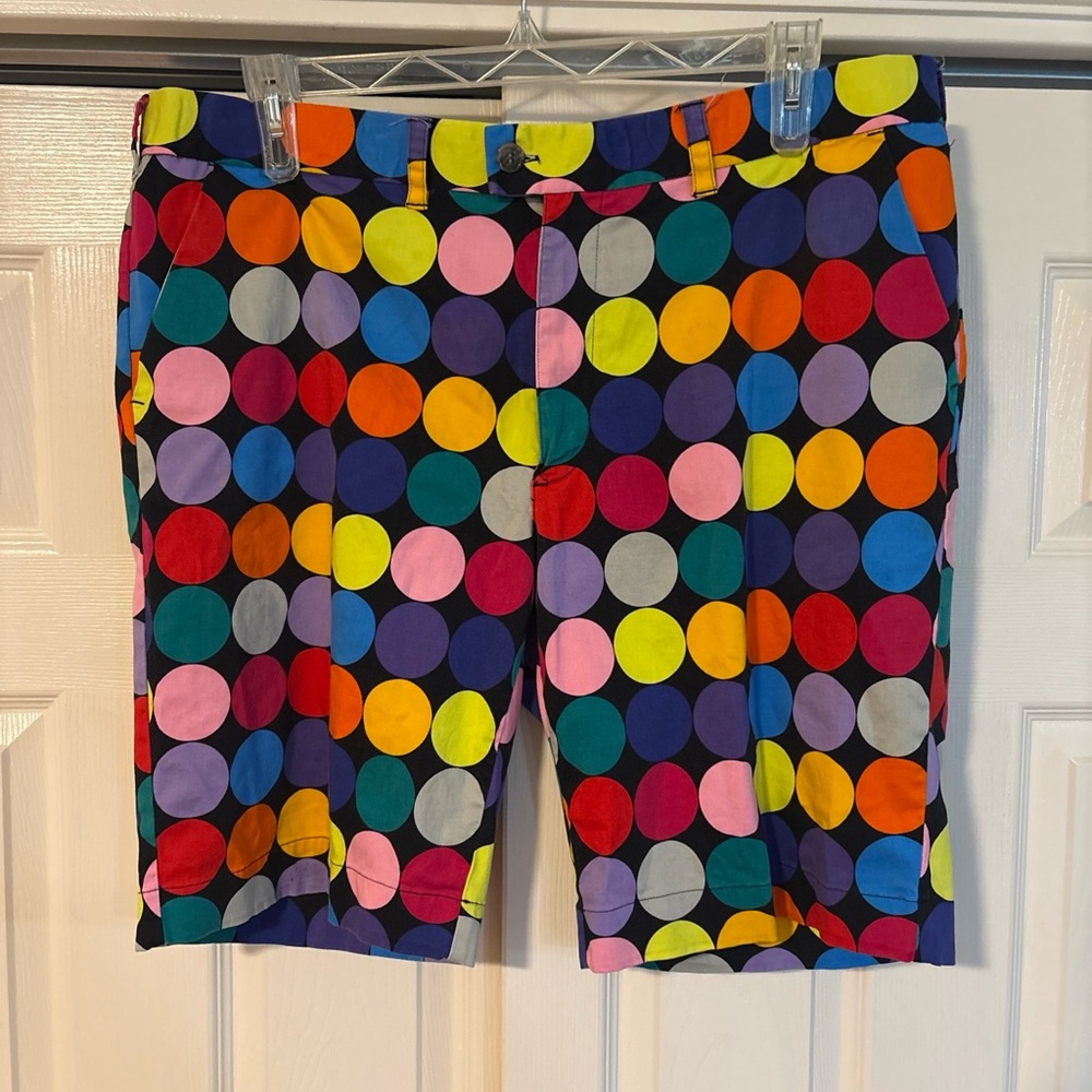 Loudmouth Golf Red and Pink Flat Front Shorts with Vibrant Polka Dots